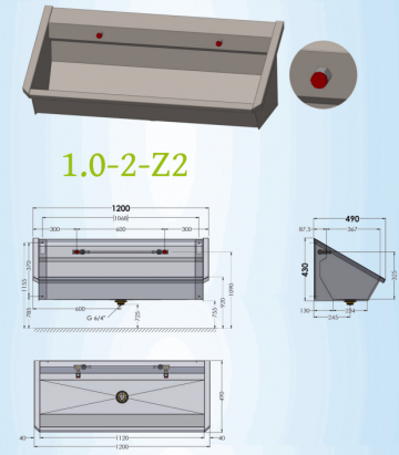 1200 mm met leidingen voorgemonteerd