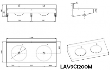 Collectieve wastafel 1200 mm mtekening