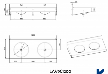 Collectieve wastafel 1200 mm tekening