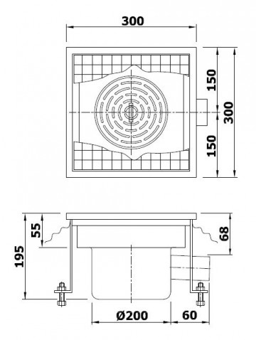 Vloerput 300 x 300 mm zijuitlaat RVS g075 0100 drawings