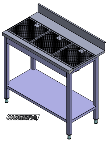 Spoeltafel met afdruiplekroosters en aftapkraan  voorzijde