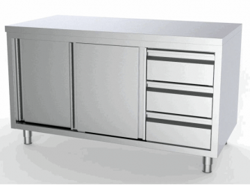 Werkbank met schuifdeuren en 3 lades rechts en glad bovenblad