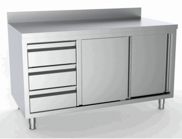 Werkkast met schuifdeuren en opstaande rand en 3 lades links