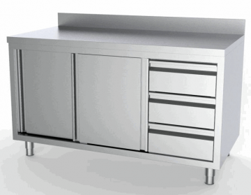 Werkkast met schuifdeuren en opstaande rand en 3 lades