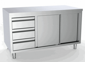 Werktafel met schuifdeuren en lades links glad bovenblad