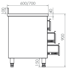 Zijaanzicht ladekast met drie lade